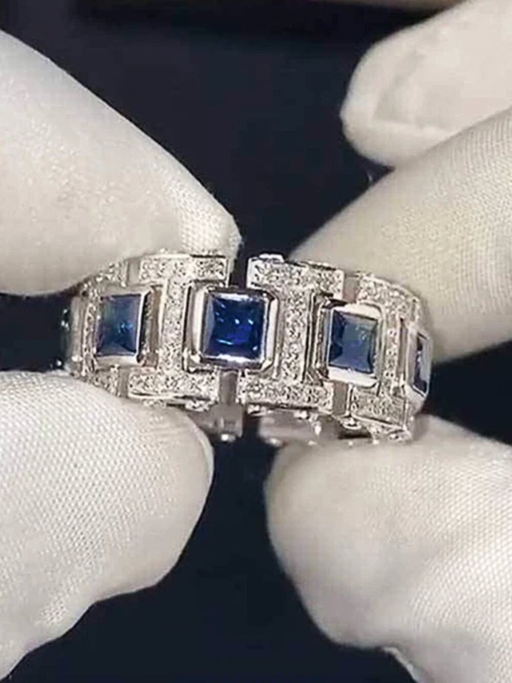 NEW 14k White Gold Blue Sapphire Diamond Ring Band